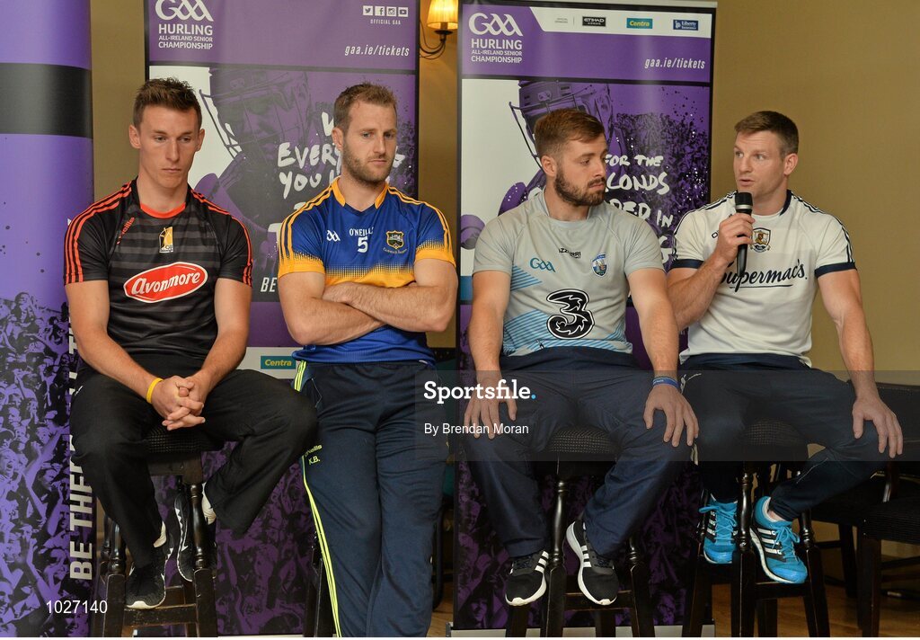 14 July 2015; In attendance at the launch of the GAA Hurling All-Ireland Senior Championship Series 2015, from left, Cillian Buckley, Kilkenny, Kieran Bergin, Tipperary, Noel Connors, Waterford, and Andy Smith, Galway. Dicksboro GAA Club, Kilkenny. Picture credit: Brendan Moran / SPORTSFILE
