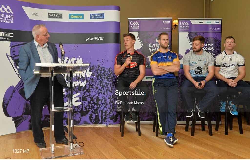 14 July 2015; In attendance at the launch of the GAA Hurling All-Ireland Senior Championship Series 2015, from left, Cillian Buckley, Kilkenny, Kieran Bergin, Tipperary, Noel Connors, Waterford, and Andy Smith, Galway with MC Barry Henriques. Dicksboro GAA Club, Kilkenny. Picture credit: Brendan Moran / SPORTSFILE