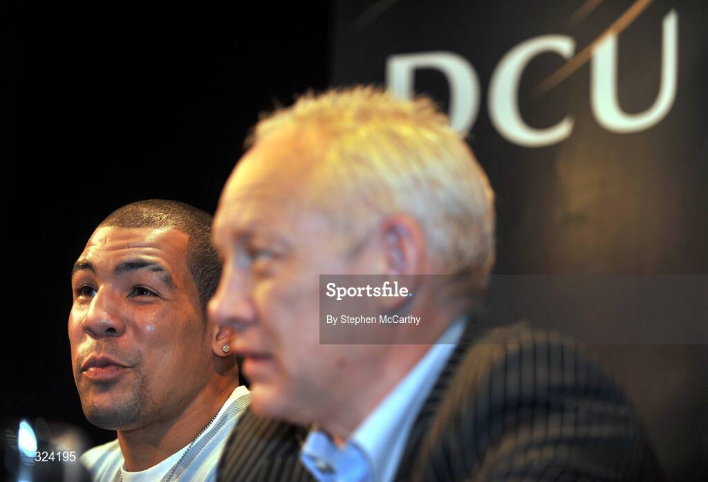 16 October 2008; Boxer Darren Sutherland at a press conference to announce details of his three-year contract with boxing promoter Frank Maloney, right, and his professional debut in Dublin on Decemeber 18th. The Helix, Dublin City University, Dublin. Picture credit: Stephen McCarthy / SPORTSFILE