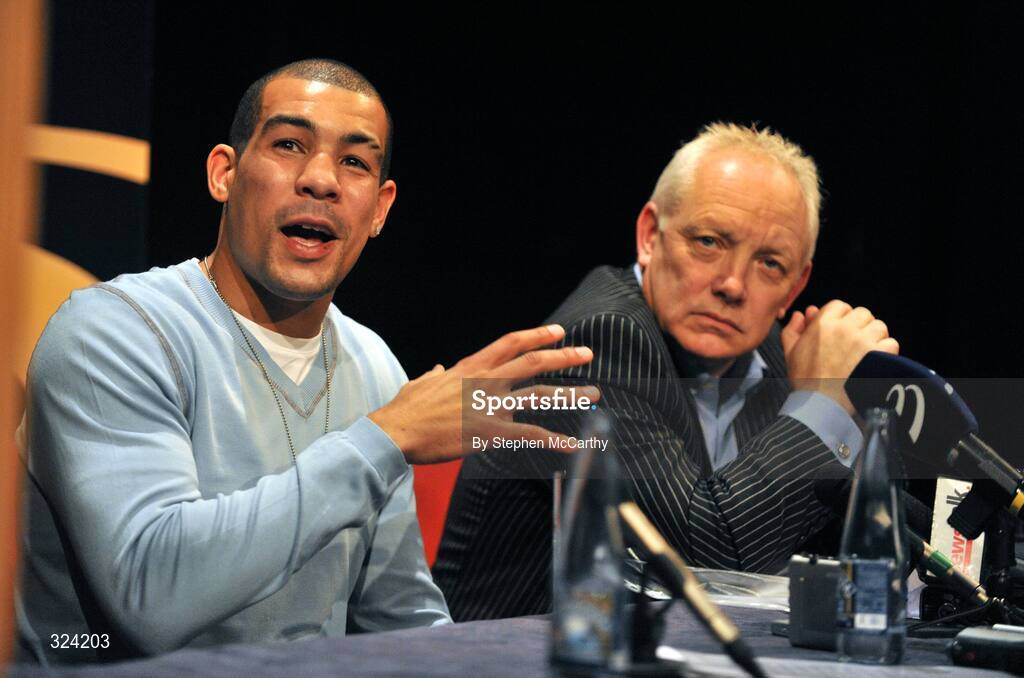 16 October 2008; Boxer Darren Sutherland at a press conference to announce details of his three-year contract with boxing promoter Frank Maloney, right, and his professional debut in Dublin on Decemeber 18th. The Helix, Dublin City University, Dublin. Picture credit: Stephen McCarthy / SPORTSFILE