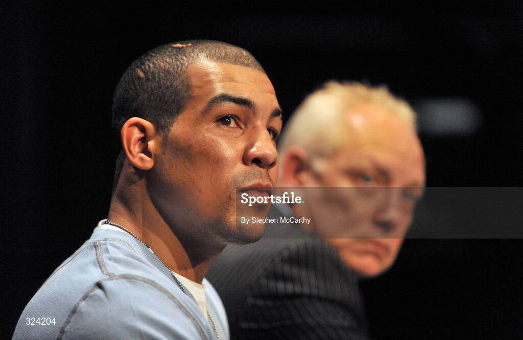 16 October 2008; Boxer Darren Sutherland at a press conference to announce details of his three-year contract with boxing promoter Frank Maloney, right, and his professional debut in Dublin on Decemeber 18th. The Helix, Dublin City University, Dublin. Picture credit: Stephen McCarthy / SPORTSFILE