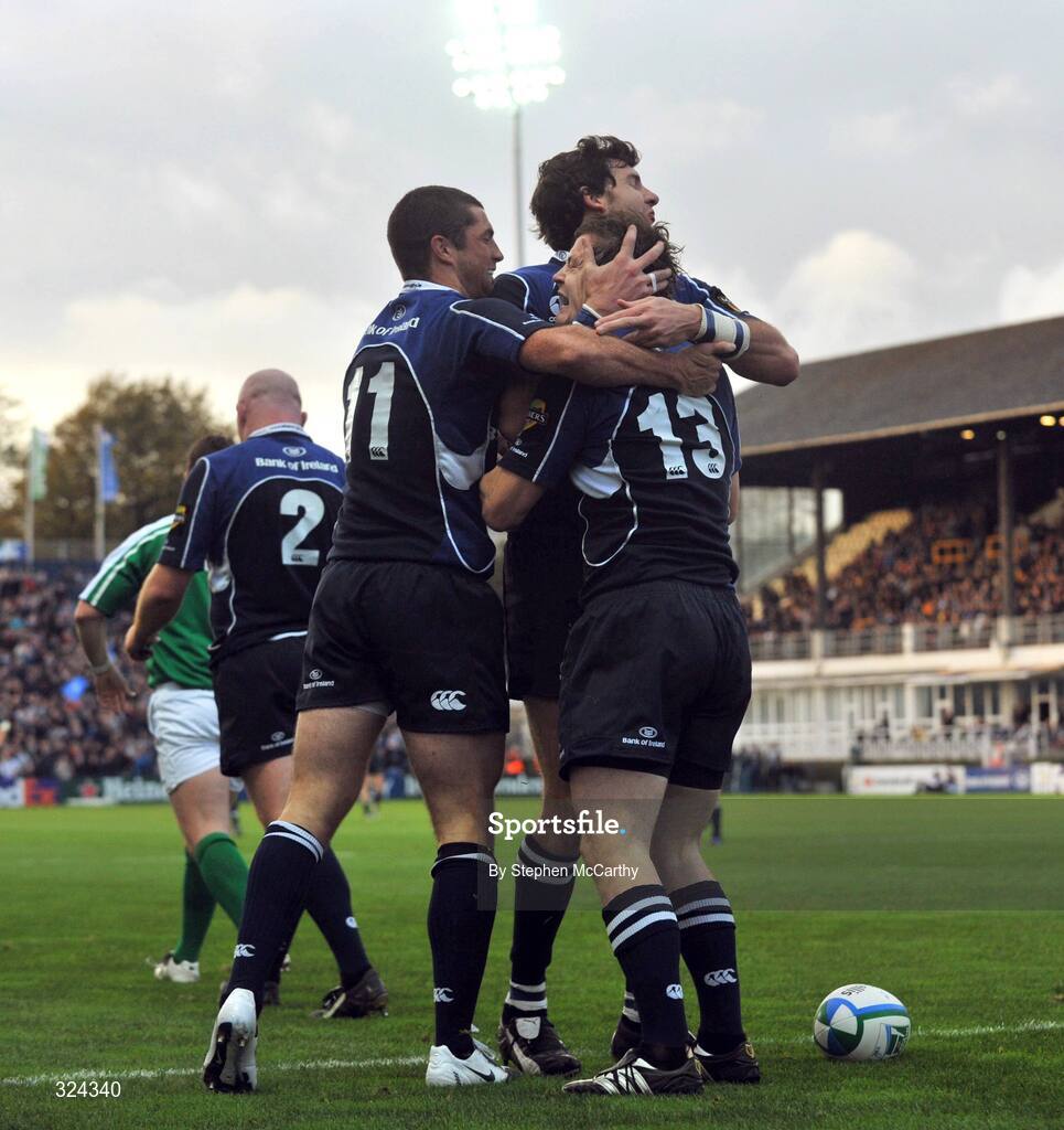 18 October 2008; Brian O'Driscoll, Leinster, is congratulated by team-mates Rob Kearney, left, and Shane Horgan after scoring his and his side's second try. Heineken Cup, Pool 2 Round 2, Leinster v London Wasps, RDS, Dublin. Picture credit: Stephen McCarthy / SPORTSFILE