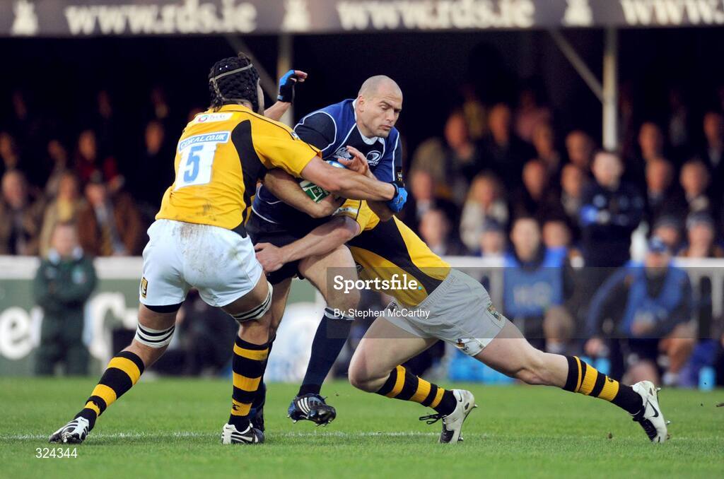 18 October 2008; Felipe Contepomi, Leinster, is tackled by Tom Palmer, left, and Tom Rees, London Wasps. Heineken Cup, Pool 2 Round 2, Leinster v London Wasps, RDS, Dublin. Picture credit: Stephen McCarthy / SPORTSFILE