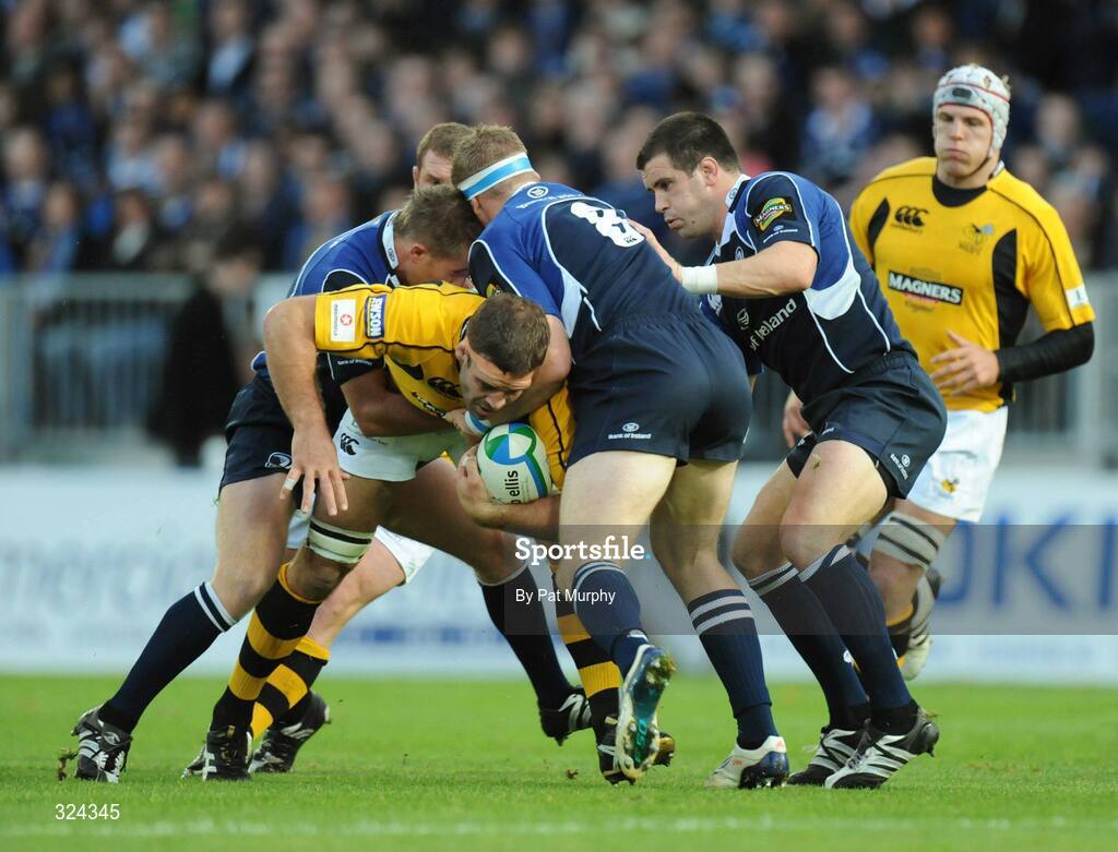 18 October 2008; Joe Worsley, London Wasps, is tackled by, from left, Luke Fitzgerald, Jamie Heaslip and Shane Jennings, Leinster. Heineken Cup, Pool 2 Round 2, Leinster v London Wasps, RDS, Dublin. Picture credit: Pat Murphy / SPORTSFILE
