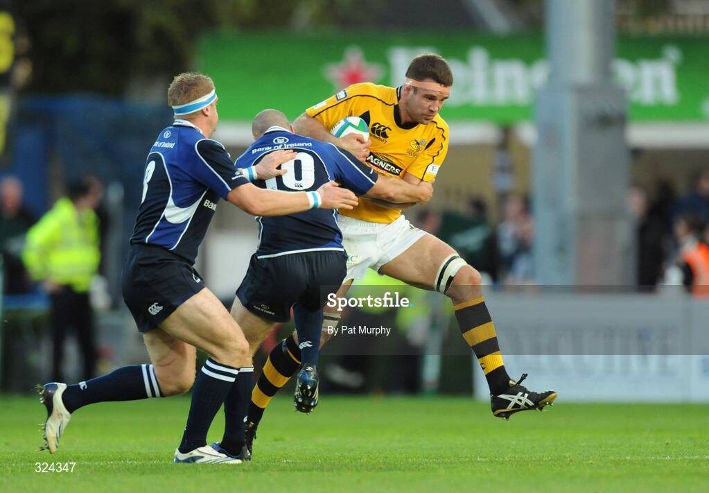 18 October 2008; Joe Worsley, London Wasps, is tackled by Jamie Heaslip and Felipe Contepomi, Leinster. Heineken Cup, Pool 2 Round 2, Leinster v London Wasps, RDS, Dublin. Picture credit: Pat Murphy / SPORTSFILE