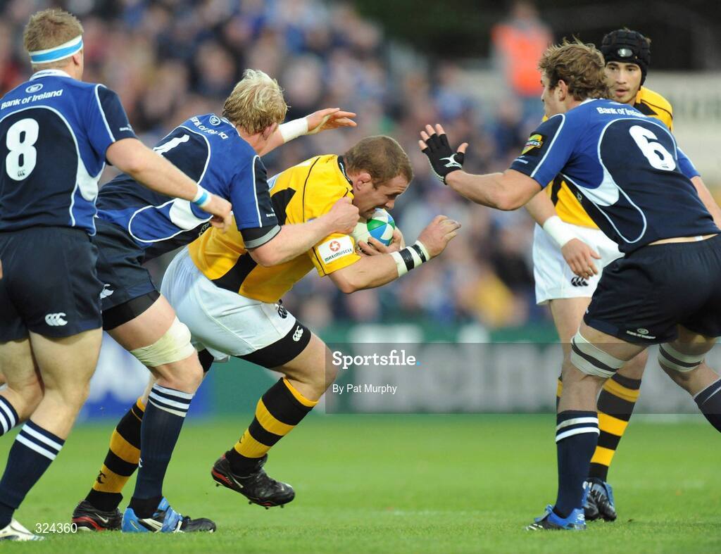 18 October 2008; Raphael Ibanez, London Wasps, is tackled by Leo Cullen, left, and Rocky Elsom, Leinster. Heineken Cup, Pool 2 Round 2, Leinster v London Wasps, RDS, Dublin. Picture credit: Pat Murphy / SPORTSFILE