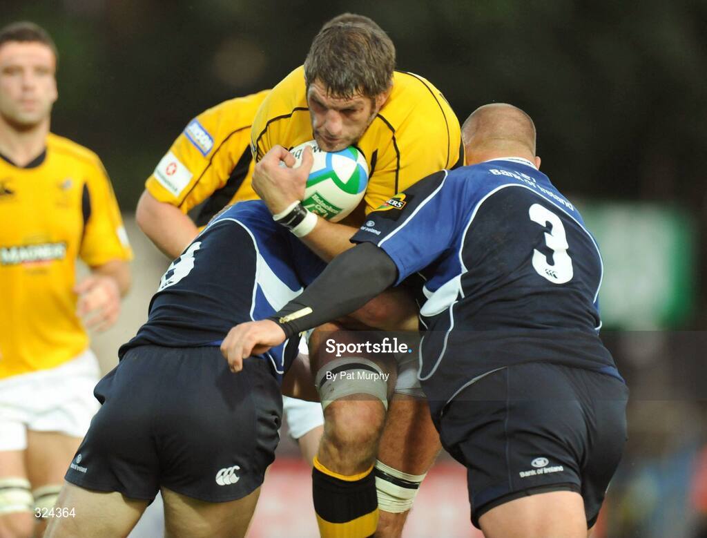 18 October 2008; Simon Shaw, London Wasps, is tackled by Jamie Heaslip and CJ Van Der Linde, right, Leinster. Heineken Cup, Pool 2 Round 2, Leinster v London Wasps, RDS, Dublin. Picture credit: Pat Murphy / SPORTSFILE