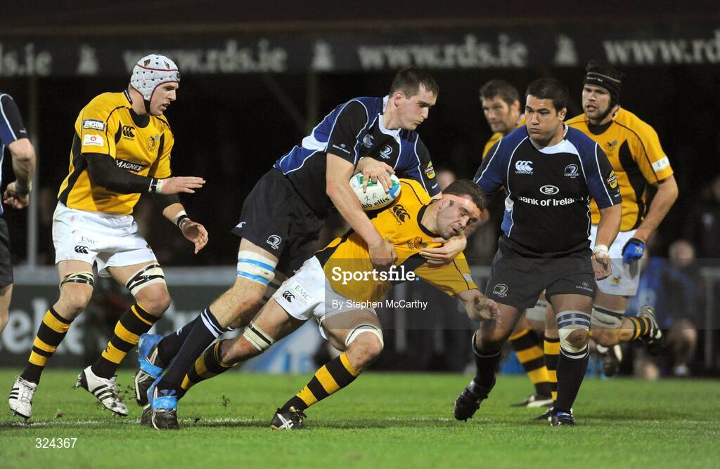 18 October 2008; Joe Worsley, London Wasps, is tackled by Devin Toner, Leinster. Heineken Cup, Pool 2 Round 2, Leinster v London Wasps, RDS, Dublin. Picture credit: Stephen McCarthy / SPORTSFILE