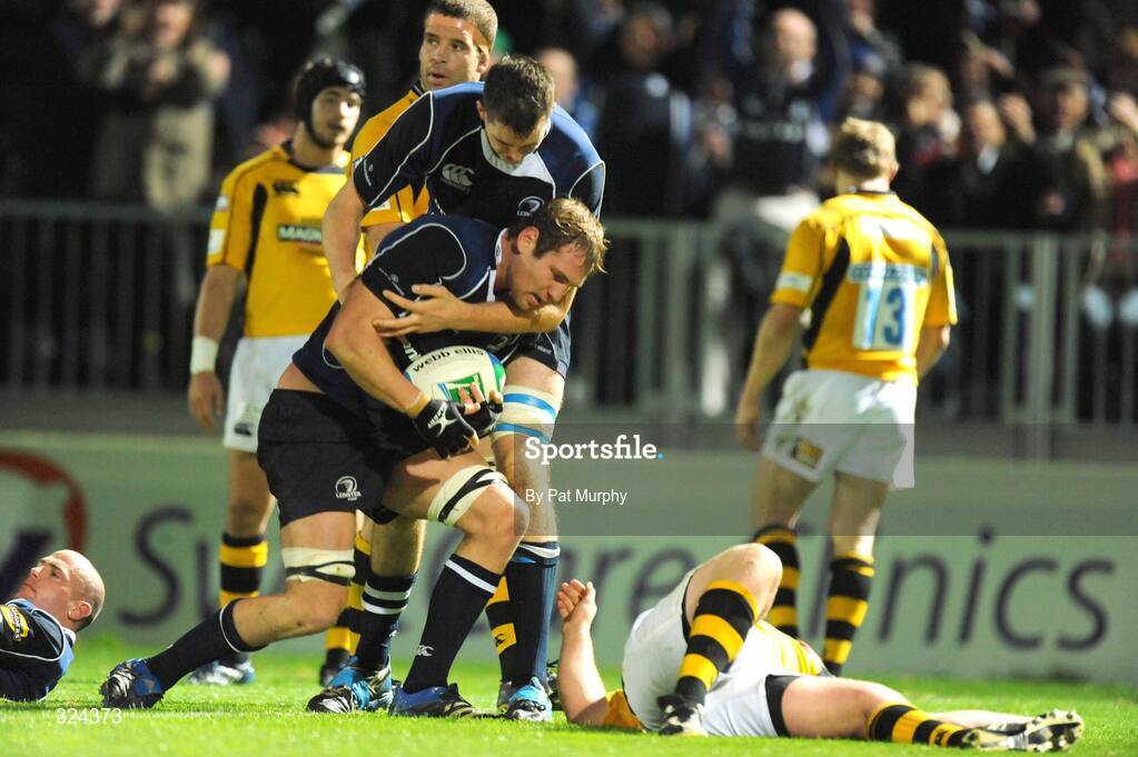 18 October 2008; Leinster's Rocky Elsom is congratulated by team-mate Devon Toner after scoring his side's 5th try. Heineken Cup, Pool 2 Round 2, Leinster v London Wasps, RDS, Dublin. Picture credit: Pat Murphy / SPORTSFILE