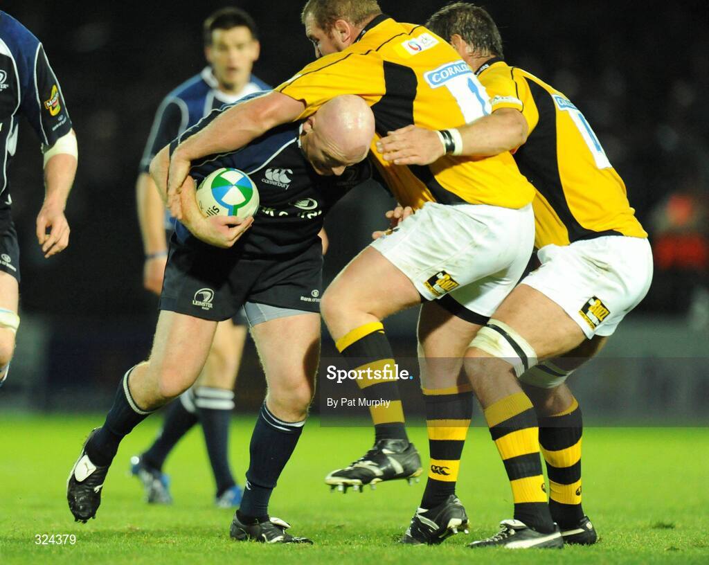18 October 2008; Bernard Jackman, Leinster, is tackled by Tim Payne and Simon Shaw, right, London Wasps. Heineken Cup, Pool 2 Round 2, Leinster v London Wasps, RDS, Dublin. Picture credit: Pat Murphy / SPORTSFILE