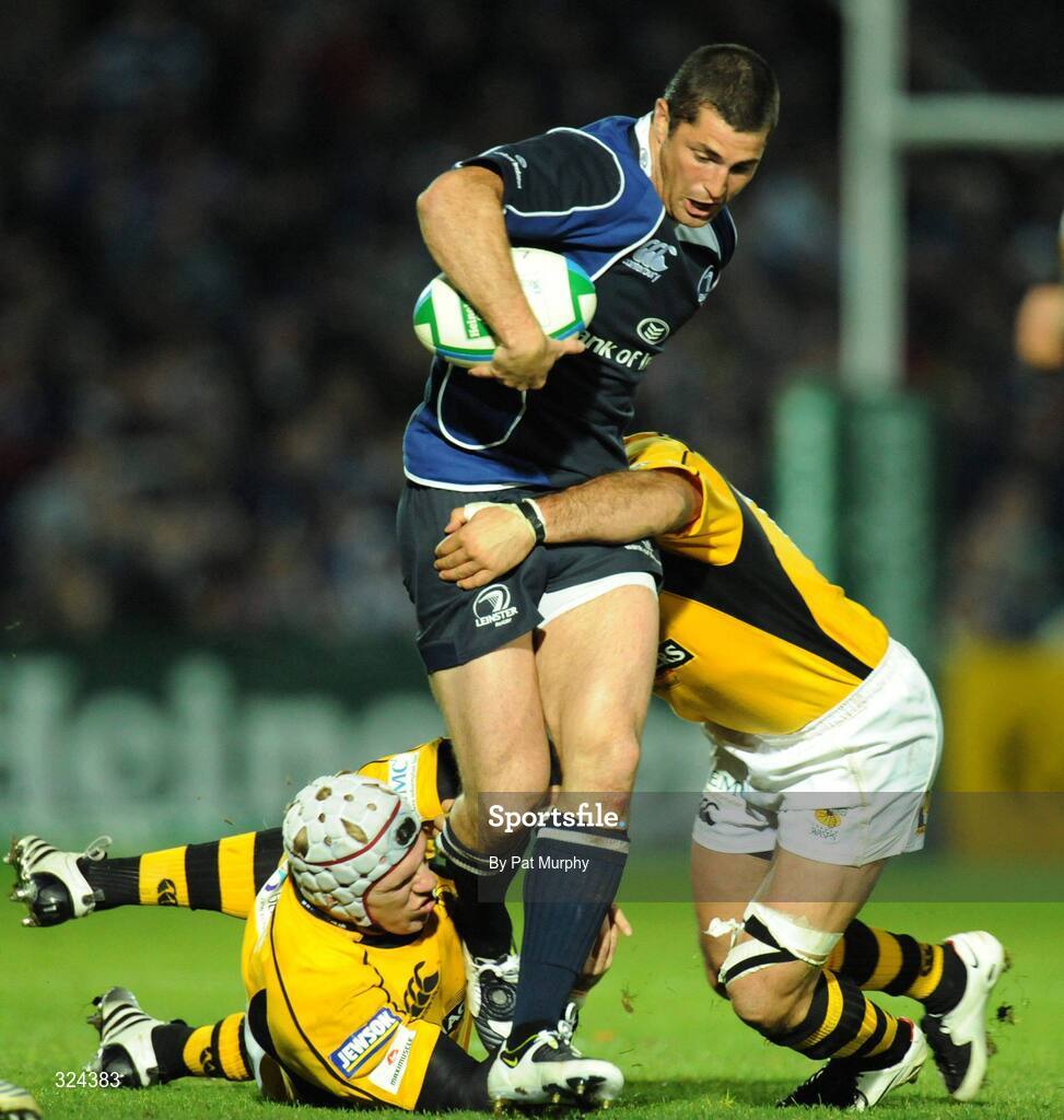 18 October 2008; Rob Kearney, Leinster, is tackled by James Haskell and Raphael Ibanez, right, London Wasps. Heineken Cup, Pool 2 Round 2, Leinster v London Wasps, RDS, Dublin. Picture credit: Pat Murphy / SPORTSFILE