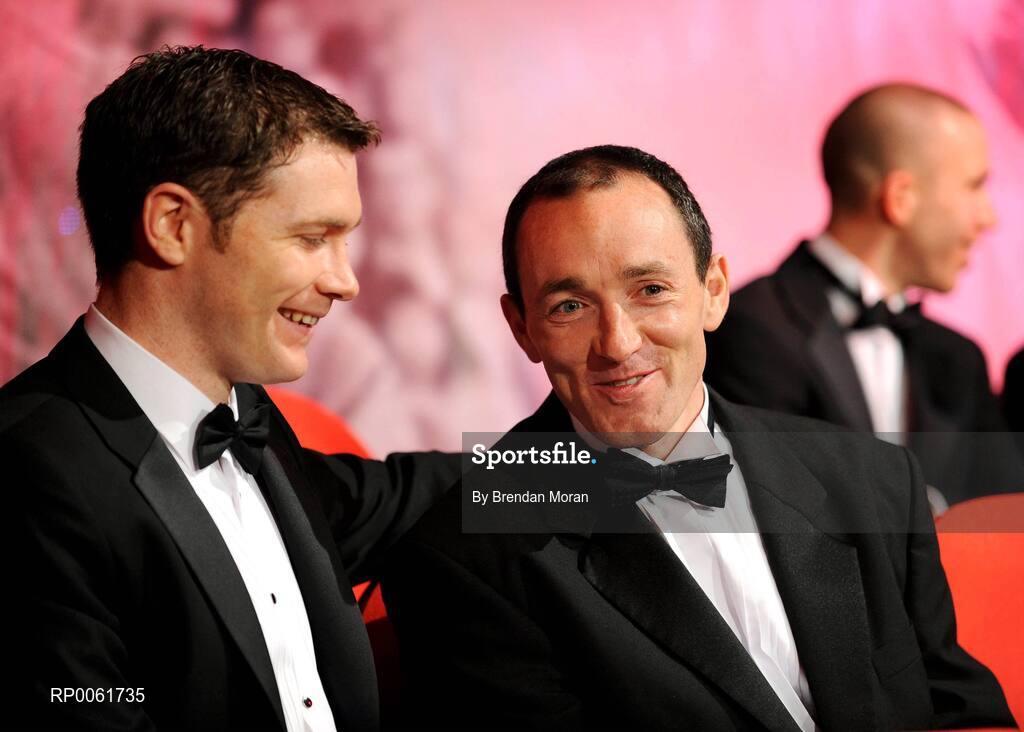 17 October Tyrone players Enda McGinley, left, and Brian Dooher during the 2008 GAA All-Stars sponsored by Vodafone. Citywest Hotel, Conference, Leisure & Golf Resort, Dublin. Picture credit: Brendan Moran / SPORTSFILE