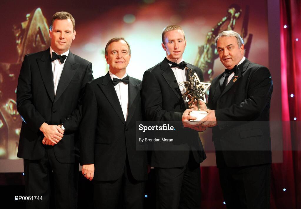 17 October 2008; James 'Cha' Fitzpatrick of Kilkenny is presented with his GAA All-Star award by Nickey Brennan, GAA President, in the company of Minister for Arts, Sport and Tourism, Martin Cullen T.D., and Charles Butterworth, CEO Vodafone Ireland, left, during the 2008 GAA All-Stars sponsored by Vodafone. Citywest Hotel, Conference, Leisure & Golf Resort, Dublin. Picture credit: Brendan Moran / SPORTSFILE