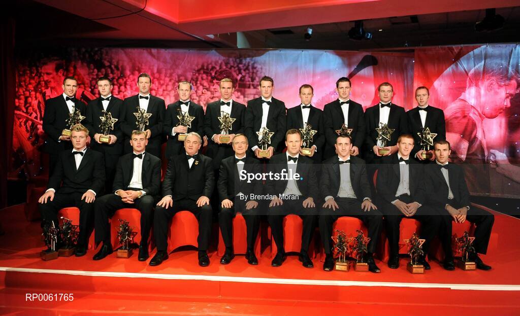 17 October 2008; The GAA All-Star Hurling Team of the Year, back row, from left, Eddie Brennan, Kilkenny, Shane McGrath, Tipperary, Brendan Cummins, Tipperary, Micheal Kavanagh, Kilkenny, Noel Hickey, Kilkenny, Jackie Tyrrell, Kilkenny, Tommy Walsh, Kilkenny, Conor O'Mahony, Tipperary, JJ Delaney, Kilkenny and James 'Cha' Fitzpatrick, Kilkenny. Front row, from left, Joe Canning, Galway, Eoin Kelly, Waterford, Nickey Brennan, GAA President, Minister for Arts, Sport and Tourism, Martin Cullen T.D., Charles Butterworth, CEO Vodafone Ireland, Eoin Larkin, Kilkenny, Henry Shefflin, Kilkenny and and Ben O'Connor, Cork. 2008 GAA All-Stars sponsored by Vodafone, Citywest Hotel, Conference, Leisure & Golf Resort, Dublin. Picture credit: Brendan Moran / SPORTSFILE