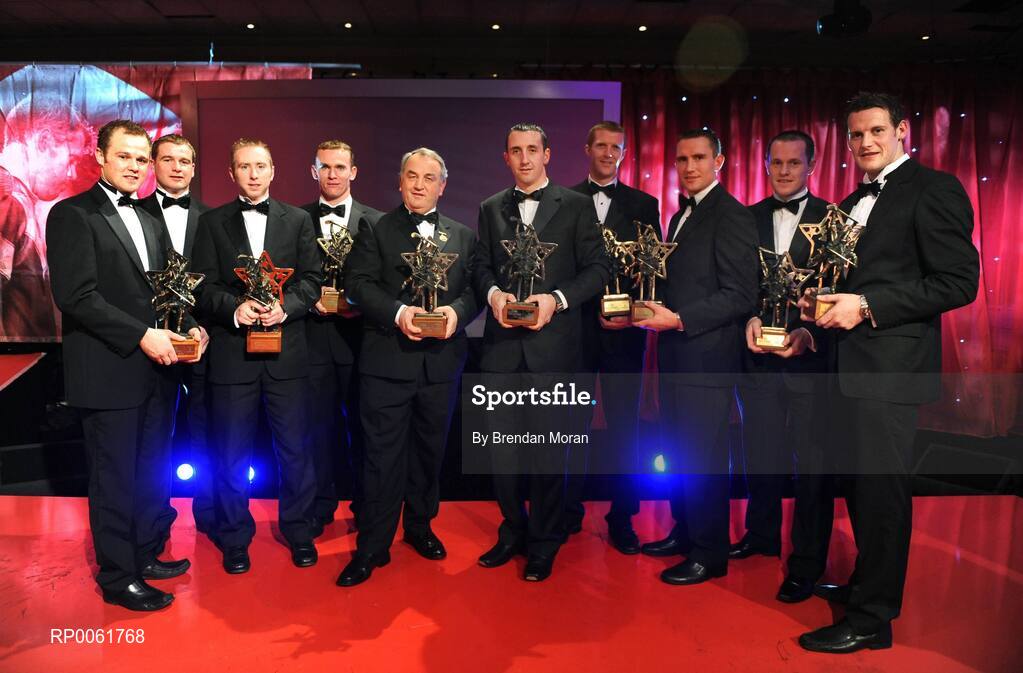 17 October 2008; GAA President Nickey Brennan with Kilkenny hurlers, from left, Tommy Walsh, JJ Delaney, James 'Cha' Fitzpatrick, Noel Hickey, Eoin Larkin, hurler of the year, Henry Shefflin, Eddie Brennan, Michael Kavanagh, and Jackie Tyrrell during the GAA All-Stars Awards 2008 Sponsored by Vodafone. Citywest Hotel, Conference, Leisure & Golf Resort, Dublin. Picture credit: Brendan Moran / SPORTSFILE