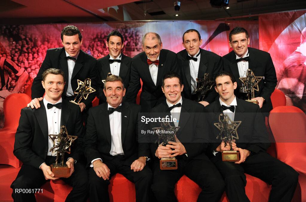 17 October 2008; Tyrone's, back row from left, Conor Gormley, Davy Harte, Mickey Harte, team manager, Brian Dooher, Philip Jordan. Front row from left, Enda McGinley, Tom Daly, Ulster Council GAA president, Sean Cavanagh, Justin McMahon during the GAA All-Stars Awards 2008 Sponsored by Vodafone. Citywest Hotel, Conference, Leisure & Golf Resort, Dublin. Picture credit: Ray McManus / SPORTSFILE