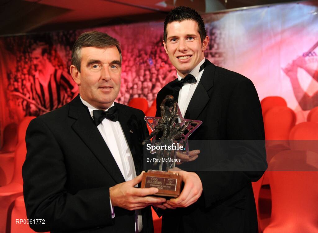 17 October 2008; Ulster Council GAA President Tom Daly with Vodafone GAA All-Star and Footaller of the year Sean Cavanagh during the GAA All-Stars Awards 2008 Sponsored by Vodafone. Citywest Hotel, Conference, Leisure & Golf Resort, Dublin. Picture credit: Ray McManus / SPORTSFILE