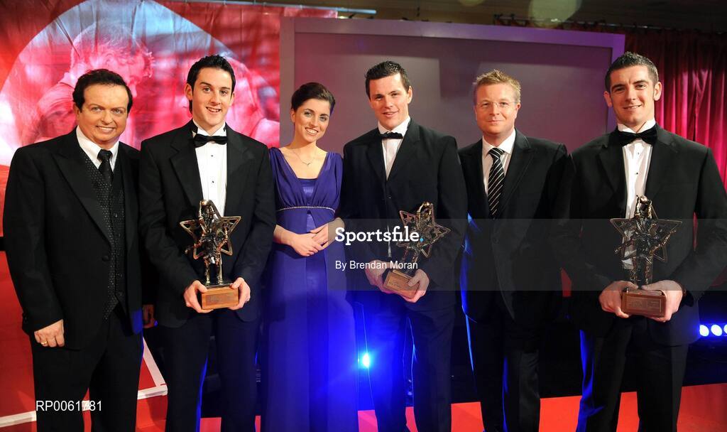 17 October 2008; Tyrone All Star award winners Davy Harte, Conor Gormley and Philip Jordan with RTE's Marty Morrissey, left, Joanne Cantwell and Darragh Maloney during the GAA All-Stars Awards 2008 Sponsored by Vodafone. Citywest Hotel, Conference, Leisure & Golf Resort, Dublin. Picture credit: Brendan Moran / SPORTSFILE