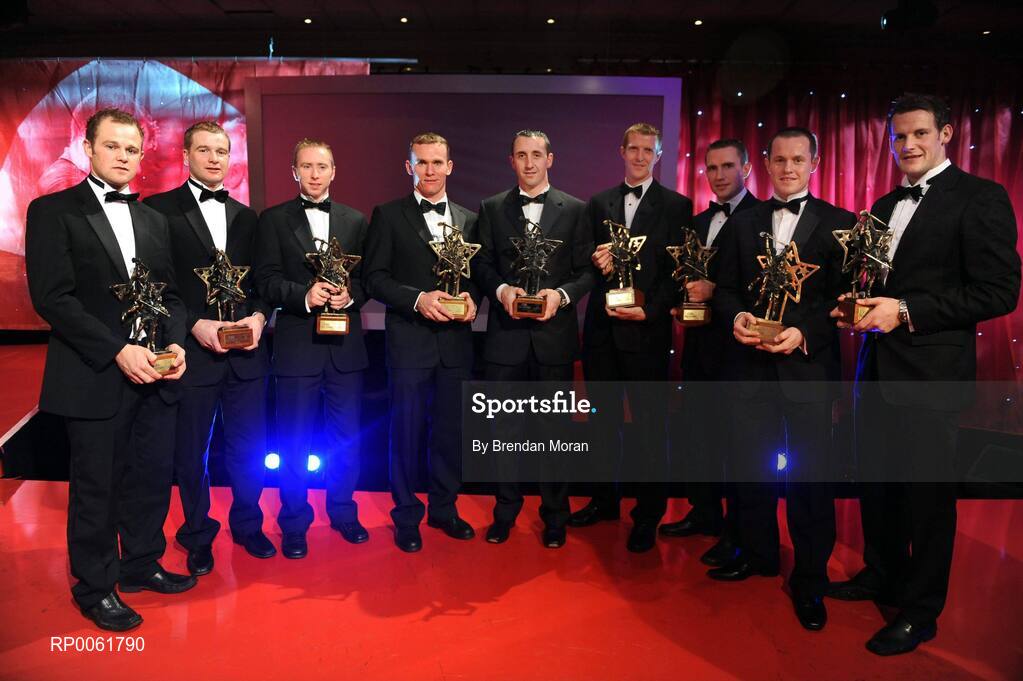 17 October 2008; Kilkenny hurlers, from left, Tommy Walsh, JJ Delaney, James 'Cha' Fitzpatrick, Noel Hickey, Eoin Larkin, hurler of the year, Henry Shefflin, Eddie Brennan, Michael Kavanagh, and Jackie Tyrrell during the GAA All-Stars Awards 2008 Sponsored by Vodafone. Citywest Hotel, Conference, Leisure & Golf Resort, Dublin. Picture credit: Brendan Moran / SPORTSFILE