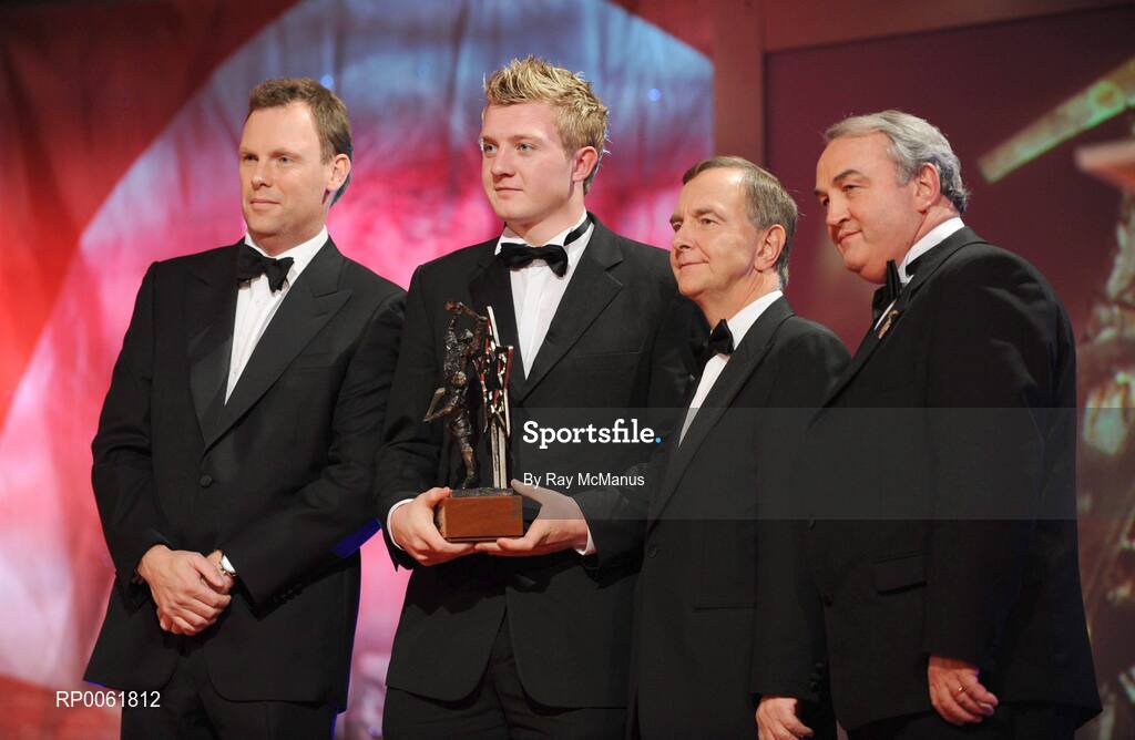 17 October 2008; Joe Canning of Galway with his GAA All-Star Young Hurler of the Year award in the company of Charles Butterworth, CEO Vodafone Ireland, left, Minister for Arts, Sport and Tourism, Martin Cullen T.D., and Nickey Brennan, GAA President, right, during the 2008 GAA All-Stars sponsored by Vodafone. Citywest Hotel, Conference, Leisure & Golf Resort, Dublin. Picture credit: Ray McManus / SPORTSFILE