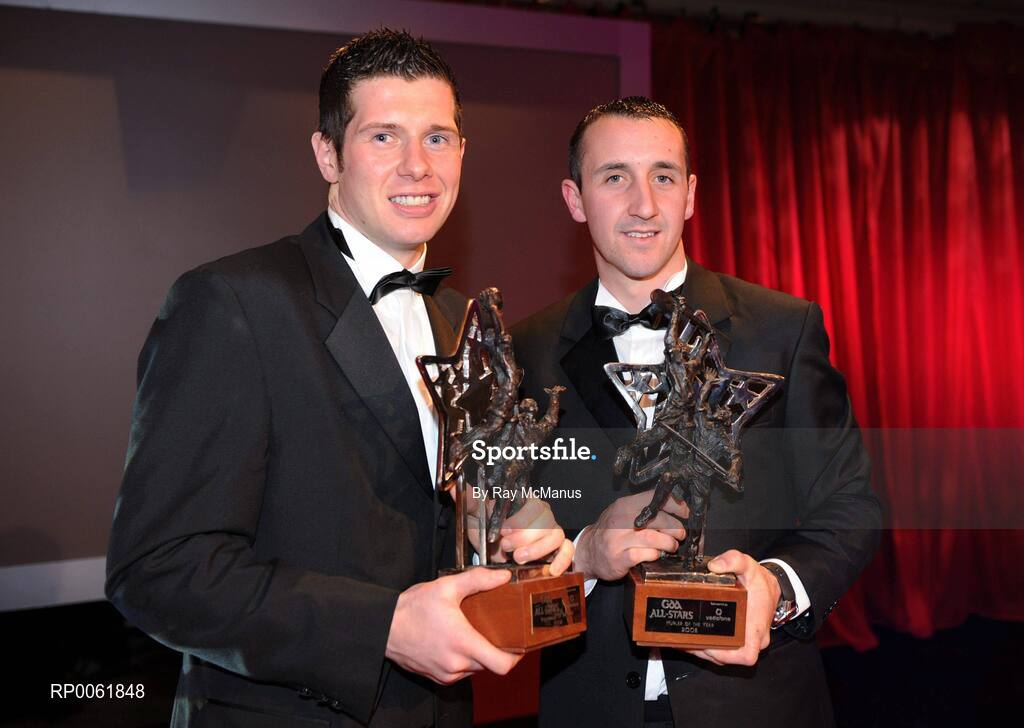 17 October 2008; GAA All-Star Footballer of the Year Sean Cavanagh of Tyrone, left, and GAA All-Star Hurler of the Year Eoin Larkin of Kilkenny during the 2008 GAA All-Stars sponsored by Vodafone. Citywest Hotel, Conference, Leisure & Golf Resort, Dublin. Picture credit: Ray McManus / SPORTSFILE
