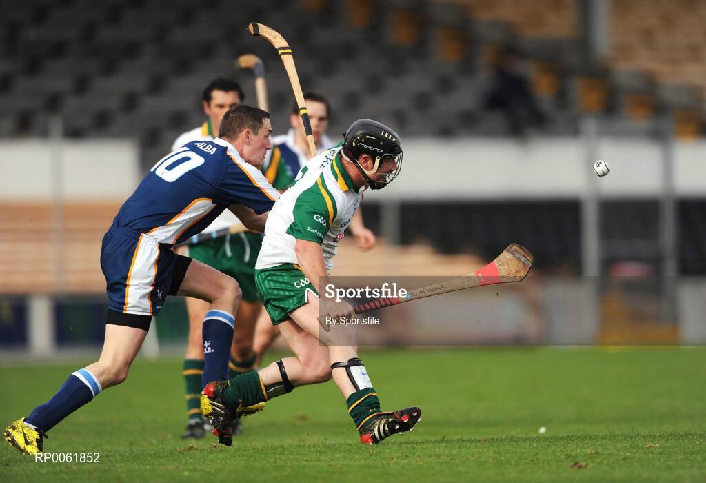 18 October 2008; Geoffrey Bermingham, Ireland, in action against Gary Innes, Scotland. Senior Men's Shinty International, Ireland v Scotland, Nowlan Park, Kilkenny. Photo by Sportsfile