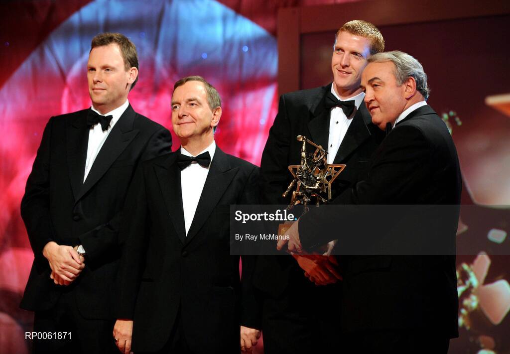 17 October 2008; Henry Shefflin of Kilkenny is presented with his GAA All-Star award by Nickey Brennan, GAA President, in the company of Minister for Arts, Sport and Tourism, Martin Cullen T.D., and Charles Butterworth, CEO Vodafone Ireland, left, during the 2008 GAA All-Stars sponsored by Vodafone. Citywest Hotel, Conference, Leisure & Golf Resort, Dublin. Picture credit: Ray McManus / SPORTSFILE