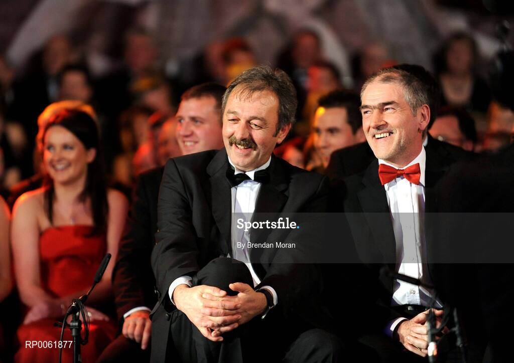 17 October 2008; Tyrone manager Mickey Harte, right, with selector Tony Donnelly during the 2008 GAA All-Stars sponsored by Vodafone. Citywest Hotel, Conference, Leisure & Golf Resort, Dublin. Picture credit: Brendan Moran / SPORTSFILE