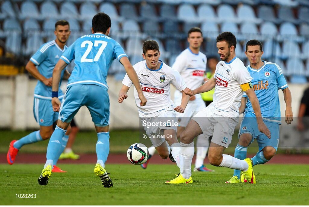 16 July 2015; Dylan Watts and Robert Benson, UCD, in action against Slobodan Simovic, Slovan Bratislava. UEFA Europa League, 2nd Qualifying Round, 1st Leg, Slovan Bratislava v UCD. Štadión Pasienky, Bratislava, Slovakia. Picture credit: Christian Ort / SPORTSFILE