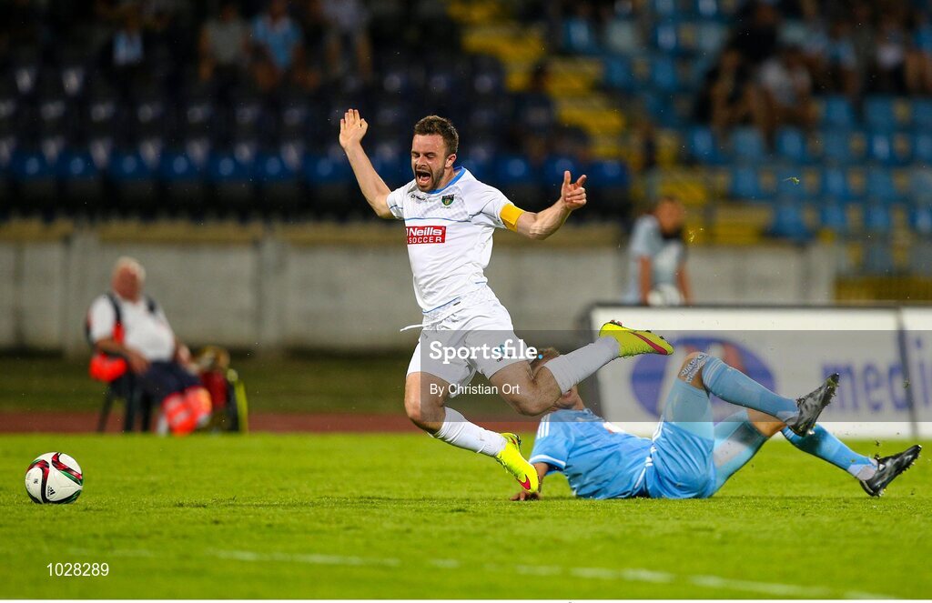 16 July 2015; Robert Benson, UCD, in action against Kornel Salata, Slovan Bratislava. UEFA Europa League, 2nd Qualifying Round, 1st Leg, Slovan Bratislava v UCD. Štadión Pasienky, Bratislava, Slovakia. Picture credit: Christian Ort / SPORTSFILE