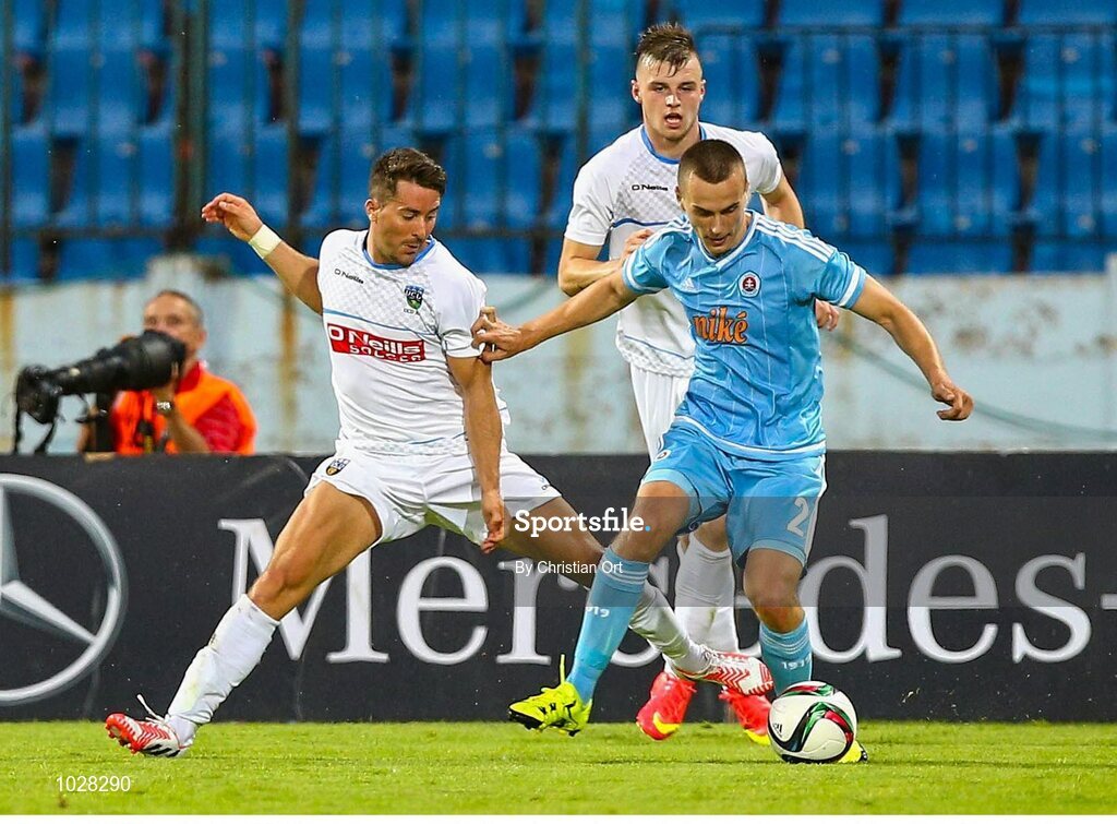 16 July 2015; Mark Langtry, UCD, in action against Boris Sekulic, Slovan Bratislava. UEFA Europa League, 2nd Qualifying Round, 1st Leg, Slovan Bratislava v UCD. Štadión Pasienky, Bratislava, Slovakia. Picture credit: Christian Ort / SPORTSFILE