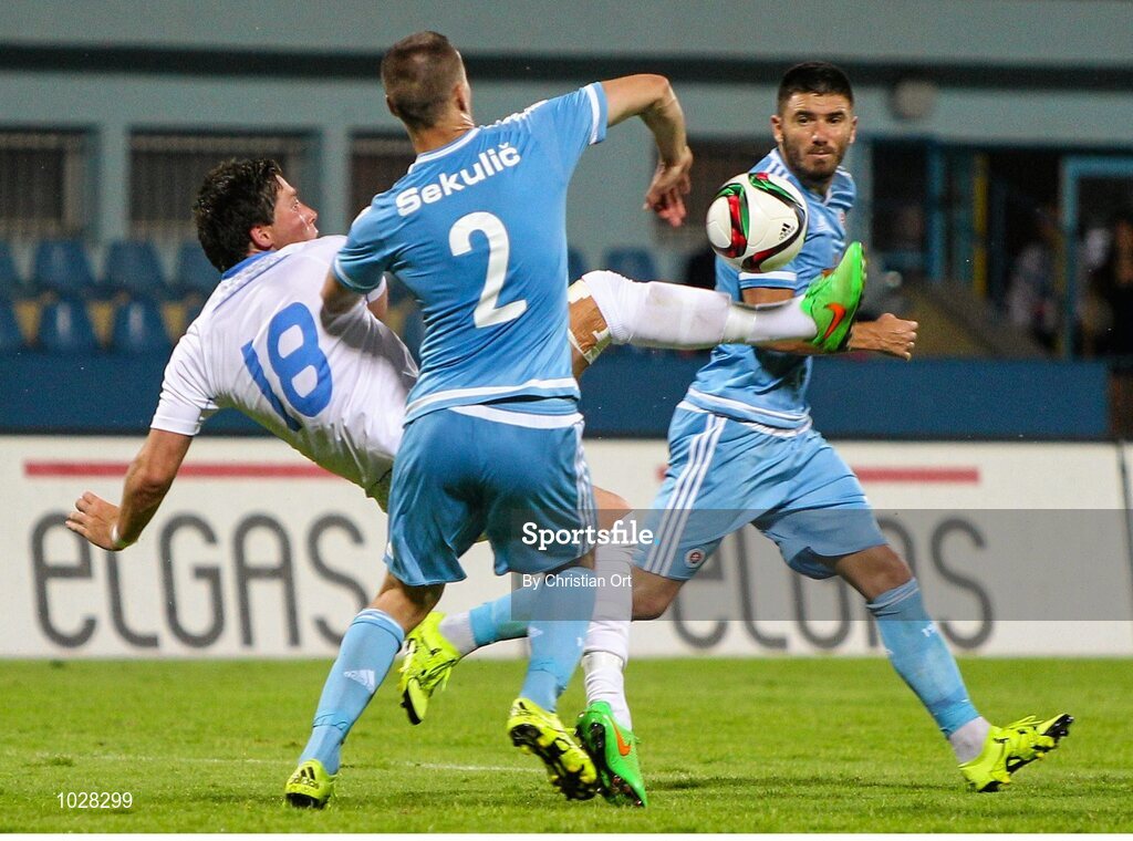 16 July 2015; Tomas Boyle, UCD, in action against Boris Sekulic, Slovan Bratislava. UEFA Europa League, 2nd Qualifying Round, 1st Leg, Slovan Bratislava v UCD. Štadión Pasienky, Bratislava, Slovakia. Picture credit: Christian Ort / SPORTSFILE