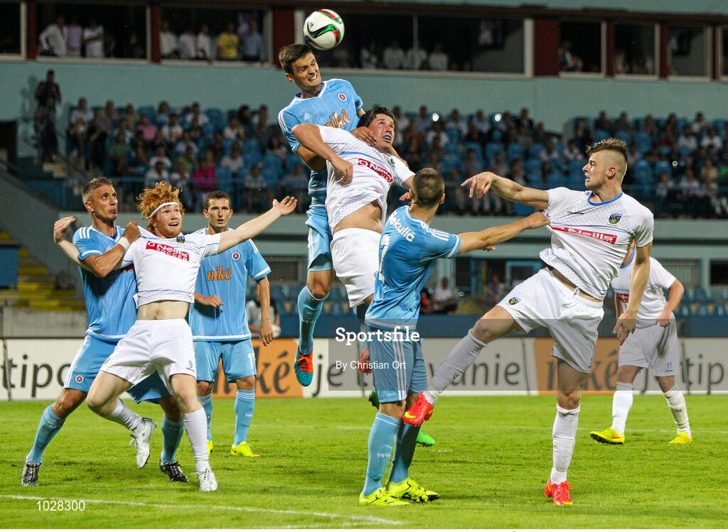 16 July 2015; David Hudak, Slovan Bratislava, in action against Tomas Boyle, UCD. UEFA Europa League, 2nd Qualifying Round, 1st Leg, Slovan Bratislava v UCD. Štadión Pasienky, Bratislava, Slovakia. Picture credit: Christian Ort / SPORTSFILE