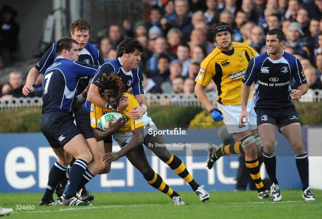 18 October 2008; Shane Horgan, Leinster, brings Paul Sackey, London Wasps, to the ground. Heineken Cup, Pool 2 Round 2, Leinster v London Wasps, RDS, Dublin. Picture credit: Stephen McCarthy / SPORTSFILE