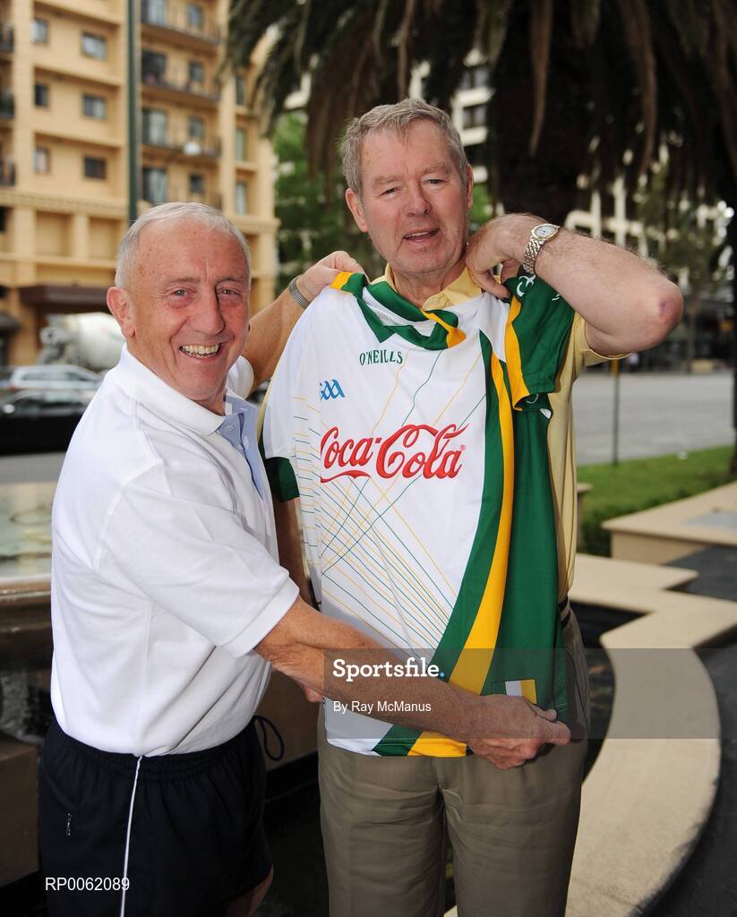 23 October 2008; Irish Manager Sean Boylan in conversation with GAA commentator Michael O'Muircheartaigh outside the team's Duxton Hotel before a press conference in advance of the Australia v Ireland International Rules game. 2008 International Rules tour, Duxton Hotel, Perth, Australia. Picture credit: Ray McManus / SPORTSFILE