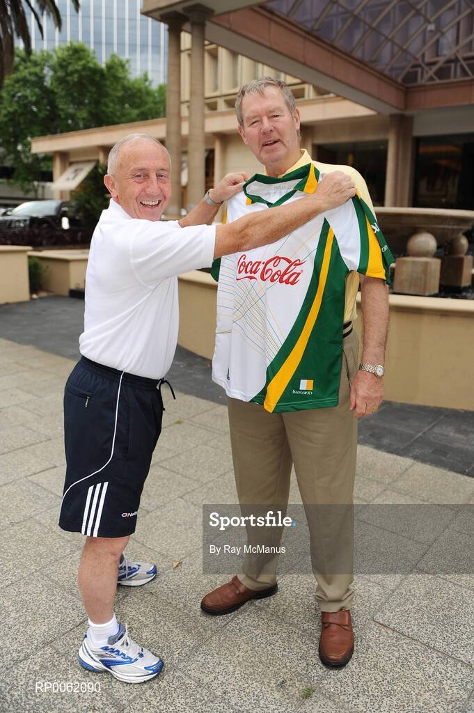 23 October 2008; Irish Manager Sean Boylan in conversation with GAA commentator Michael O'Muircheartaigh outside the team's Duxton Hotel before a press conference in advance of the Australia v Ireland International Rules game. 2008 International Rules tour, Duxton Hotel, Perth, Australia. Picture credit: Ray McManus / SPORTSFILE