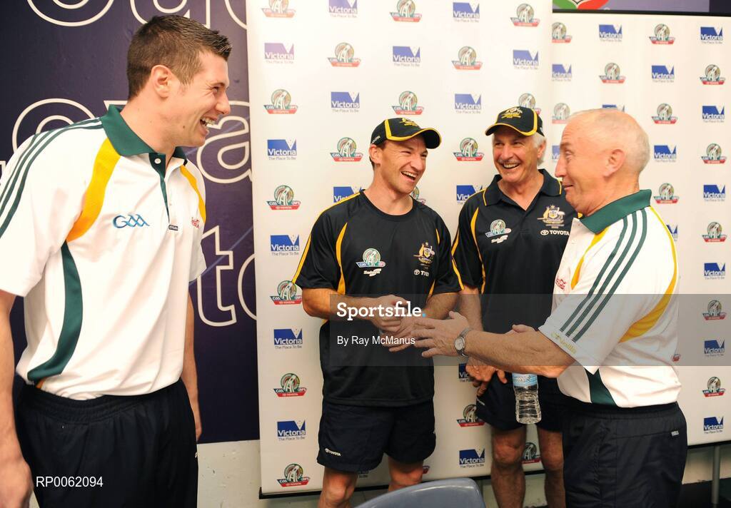 23 October 2008; Irish Manager Sean Boylan, Australian manager Mick Malthouse, Irish captain Sean Cavanagh Australian captain Brent Harvey after a press conference in advance of the Australia v Ireland International Rules game. 2008 International Rules tour, Subacio Oval, Perth, Australia. Picture credit: Ray McManus / SPORTSFILE