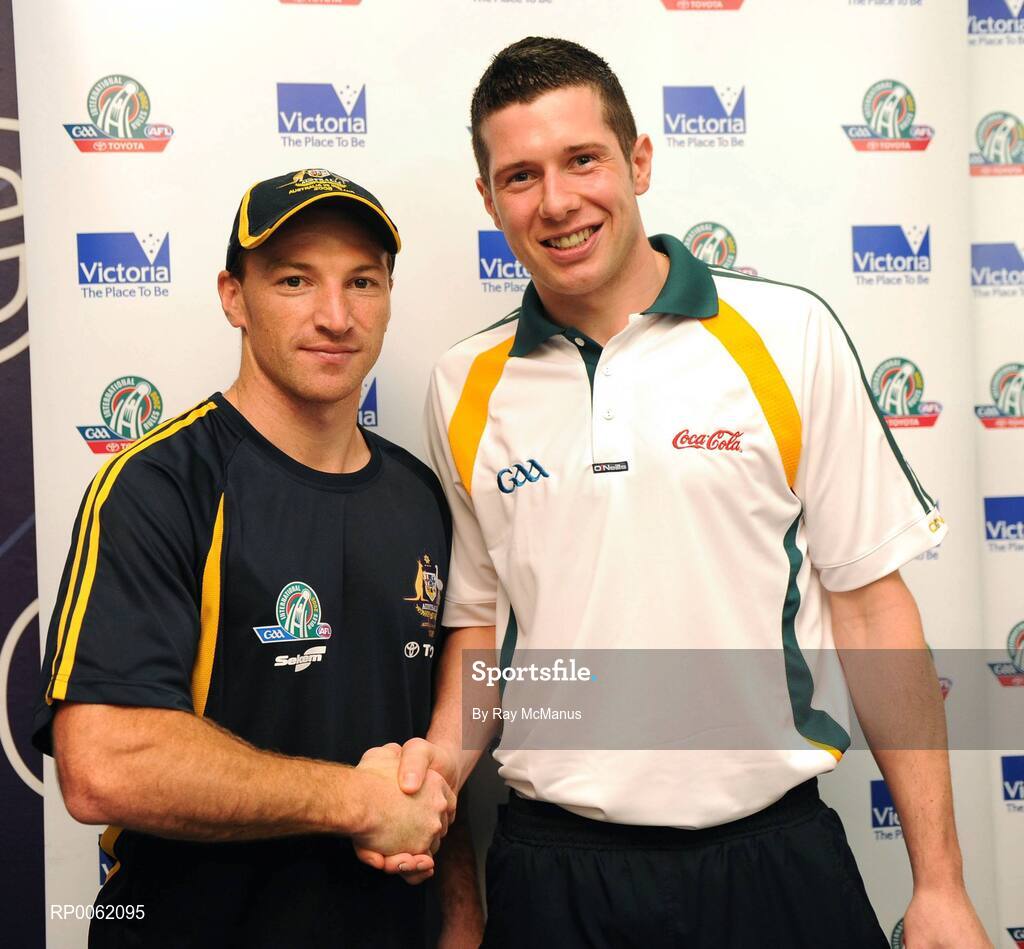 23 October 2008; Irish captain Sean Cavanagh and Australian captain Brent Harvey after a press conference in advance of the Australia v Ireland International Rules game. 2008 International Rules tour, Subacio Oval, Perth, Australia. Picture credit: Ray McManus / SPORTSFILE