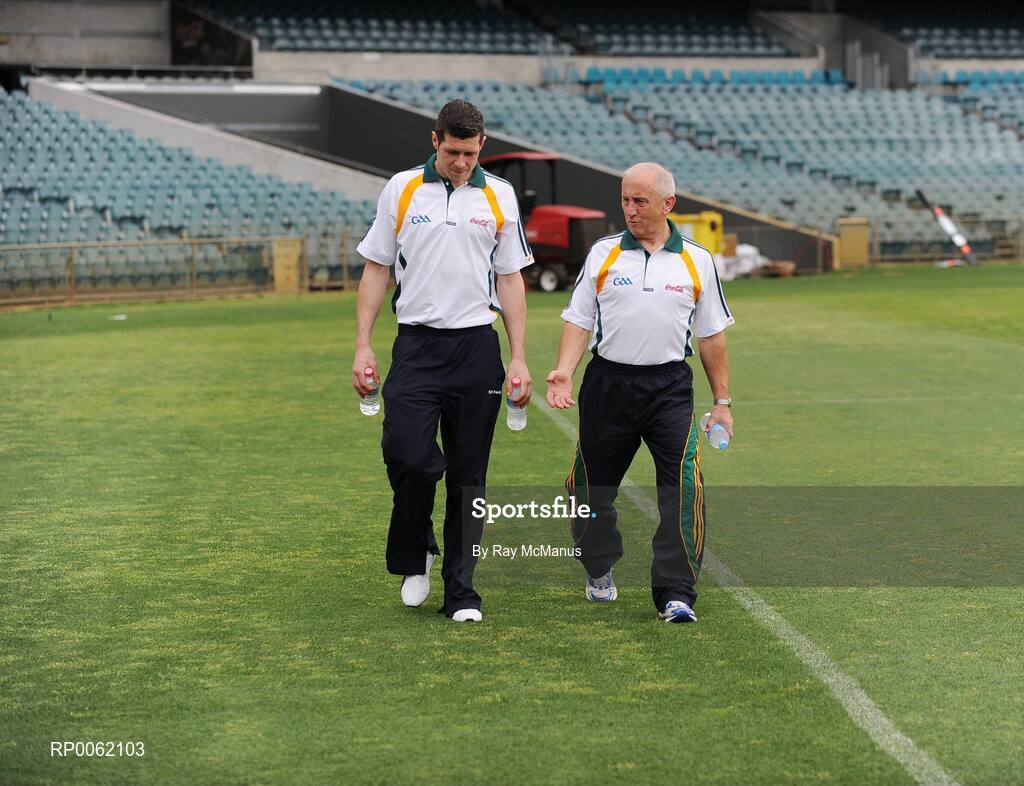 23 October 2008; Irish Manager Sean Boylan and captain Sean Cavanagh Australian captain Brent Harvey arrive for a press conference in advance of the Australia v Ireland International Rules game. 2008 International Rules tour, Subacio Oval, Perth, Australia. Picture credit: Ray McManus / SPORTSFILE
