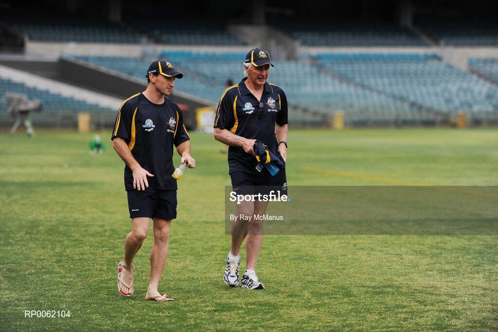 23 October 2008; Australian manager Mick Malthouse and captain Brent Harvey arrive for a press conference in advance of the Australia v Ireland International Rules game. 2008 International Rules tour, Subacio Oval, Perth, Australia. Picture credit: Ray McManus / SPORTSFILE