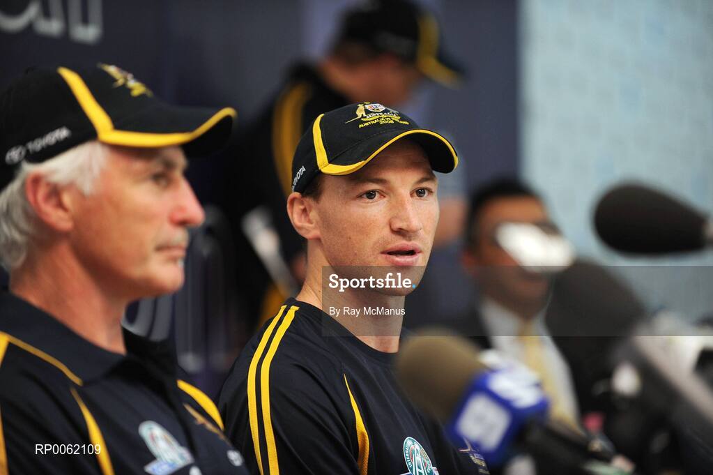 23 October 2008; Australian captain Brent Harvey with the Australian manager Mick Malthouse to his right at a press conference in advance of the Australia v Ireland International Rules game. 2008 International Rules tour, Subacio Oval, Perth, Australia. Picture credit: Ray McManus / SPORTSFILE