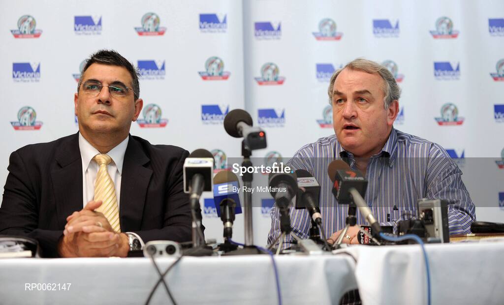 23 October 2008; GAA President Nickey Brennan and Andrew Demetriou, Chief Executive, AFL, at a press conference in advance of the Australia v Ireland International Rules game. 2008 International Rules tour, Subacio Oval, Perth, Australia. Picture credit: Ray McManus / SPORTSFILE