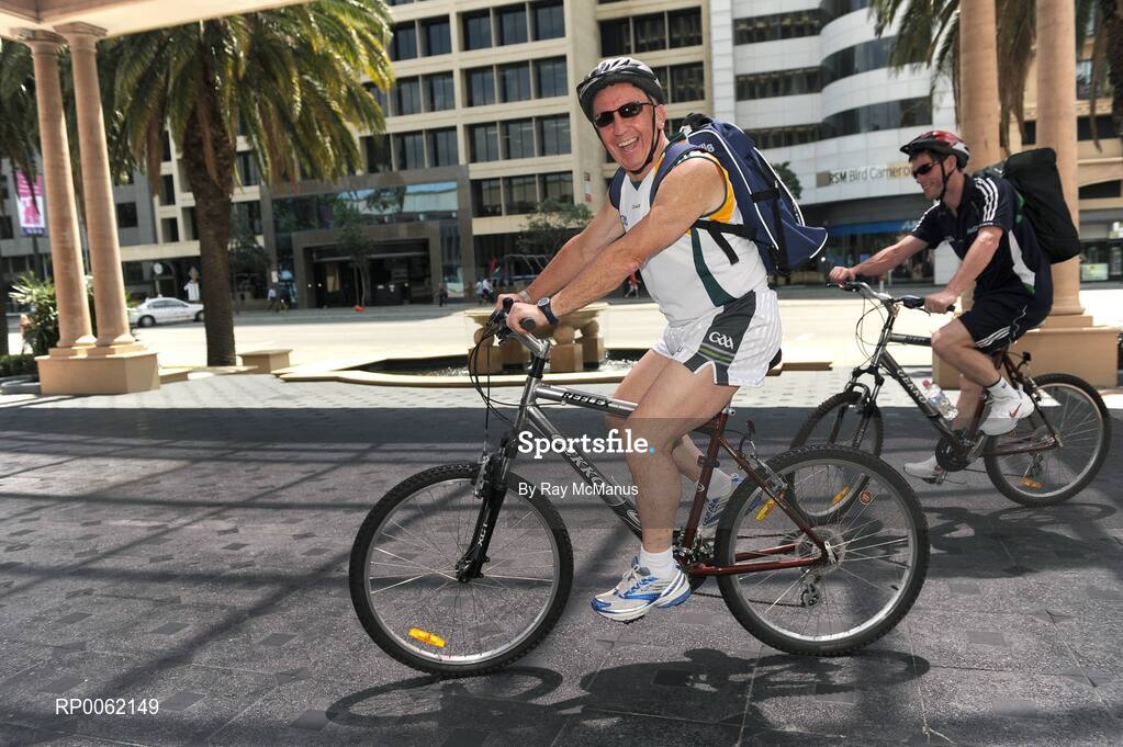 23 October 2008; Irish manager Sean Boylan and Frank Foley, the Irish team physio, return after a spin on their rented bikes. 2008 International Rules tour, Subacio Oval, Perth, Australia. Picture credit: Ray McManus / SPORTSFILE