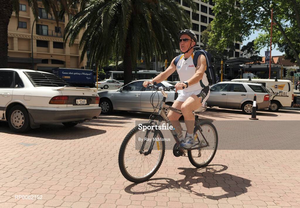 23 October 2008; Irish manager Sean Boylan returns after a spin on his rented bike. 2008 International Rules tour, Subacio Oval, Perth, Australia. Picture credit: Ray McManus / SPORTSFILE