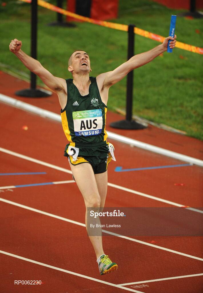 16 September 2008; Australia's Timothy Sullivan celebrates after crossing the finish to win the Men's 4 X 100m Relay - T-35-T38 Final. Beijing Paralympic Games 2008, Men's 4 X 100m Relay - T-35-T38 Final, National Stadium, Olympic Green, Beijing, China. Picture credit: Brian Lawless / SPORTSFILE