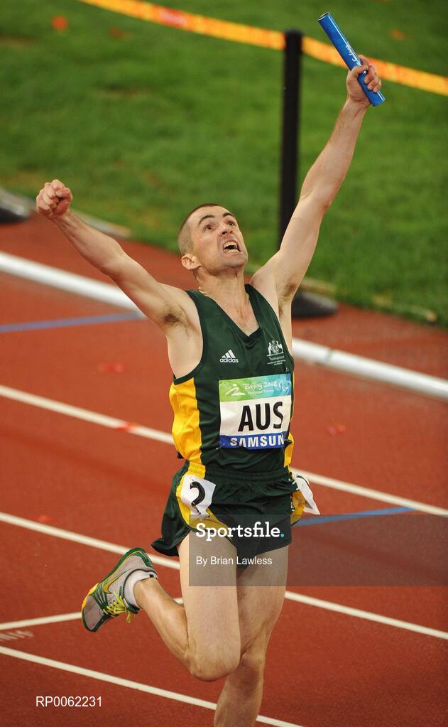16 September 2008; Australia's Timothy Sullivan celebrates after crossing the finish to win the Men's 4 X 100m Relay - T-35-T38 Final. Beijing Paralympic Games 2008, Men's 4 X 100m Relay - T-35-T38 Final, National Stadium, Olympic Green, Beijing, China. Picture credit: Brian Lawless / SPORTSFILE