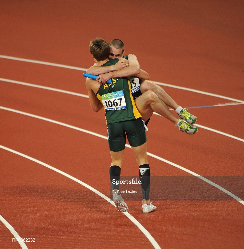 16 September 2008; Australia's Timothy Sullivan, right, celebrates with team-mate Evan O'Hanlon, after they won the Men's 4 X 100m Relay - T-35-T38 Final. Beijing Paralympic Games 2008, Men's 4 X 100m Relay - T-35-T38 Final, National Stadium, Olympic Green, Beijing, China. Picture credit: Brian Lawless / SPORTSFILE