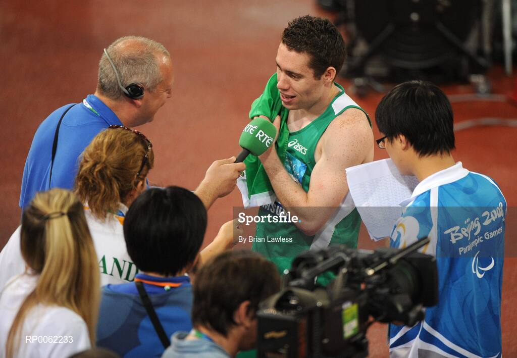 16 September 2008; Ireland's Jason Smyth, from Eglinton, Co. Derry, is interviewed after the Men's 200m -T13 Final. Smyth won his second gold of these Paralympic games in a World record time of 21.43 seconds, his first coming in the Men's 100m T13 Final also in a world record time of 10.62. Beijing Paralympic Games 2008, Men's 200m -T13, Final, National Stadium, Olympic Green, Beijing, China. Picture credit: Brian Lawless / SPORTSFILE
