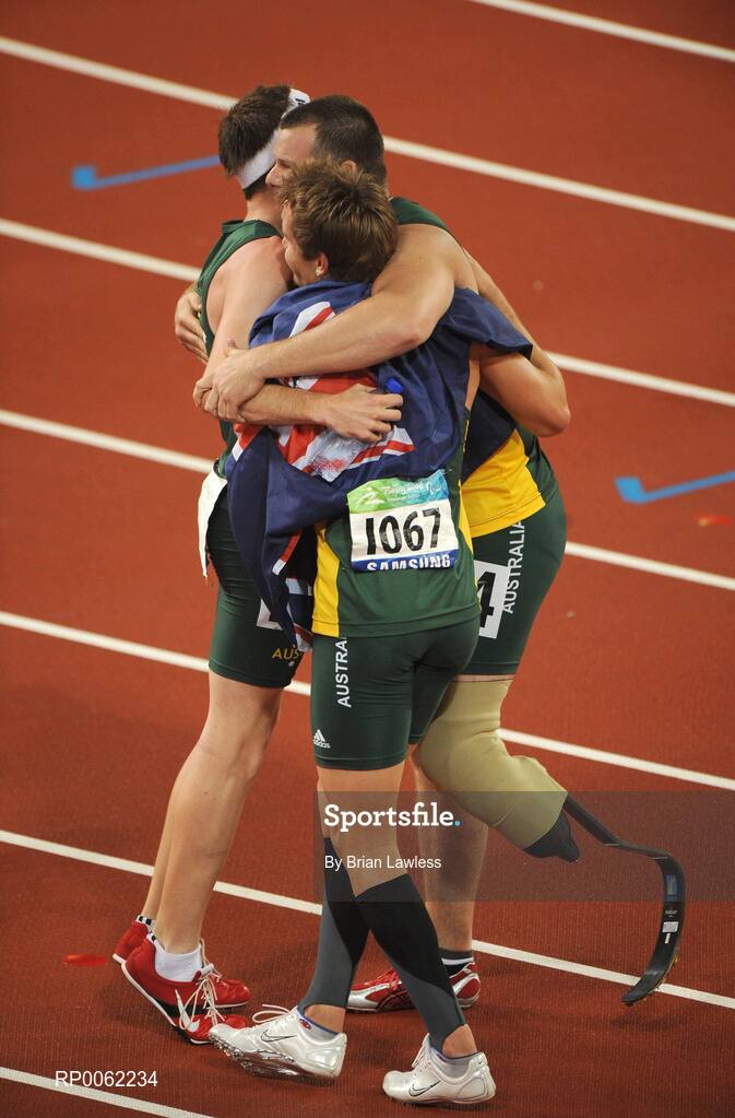 16 September 2008; Australia athletes celebrate after finishing 3rd in the Men's 4 X 100m Relay - T42-T46 Final. Beijing Paralympic Games 2008, 4 X 100m Relay - T42-T46 Final, National Stadium, Olympic Green, Beijing, China. Picture credit: Brian Lawless / SPORTSFILE