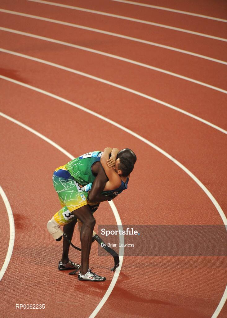16 September 2008; Brazilian athletes Alan Oliveira, right, and Andre Luiz Oliveira, celebrate after finishing 2nd in the Men's 4 X 100m Relay - T42-T46 Final. Beijing Paralympic Games 2008, 4 X 100m Relay - T42-T46 Final, National Stadium, Olympic Green, Beijing, China. Picture credit: Brian Lawless / SPORTSFILE